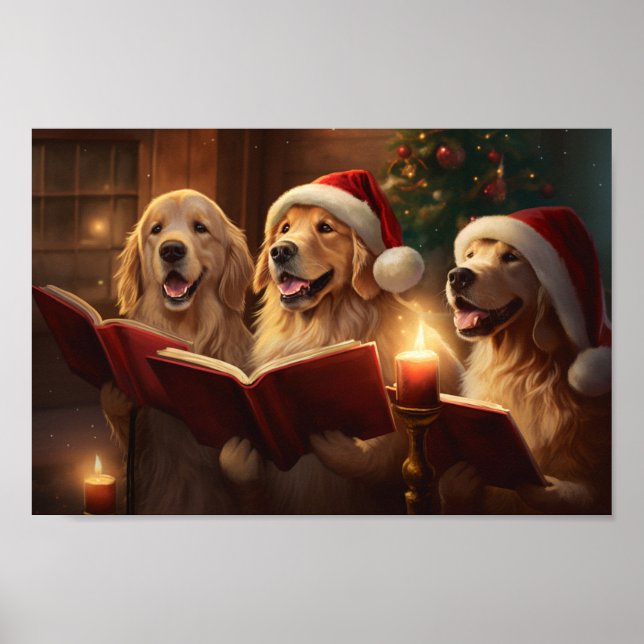 Golden Retrievers Christmas Caroling Holiday Poster (Front)