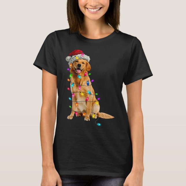 Golden Retrievers Christmas Lights Hat Santa Dog L T-Shirt (Front)