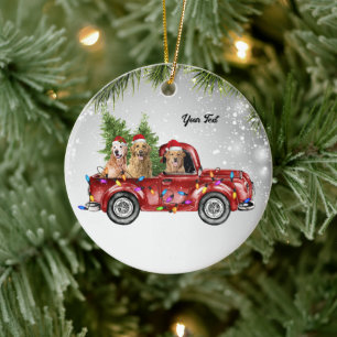 Golden Retrievers goldie dog mother red truck Pine Ceramic Ornament