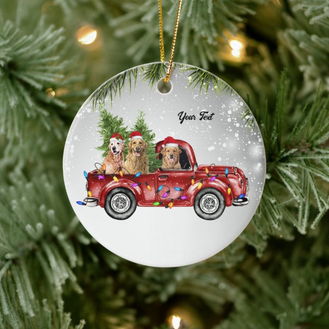 Golden Retrievers goldie dog mother red truck Pine Ceramic Ornament (Tree)
