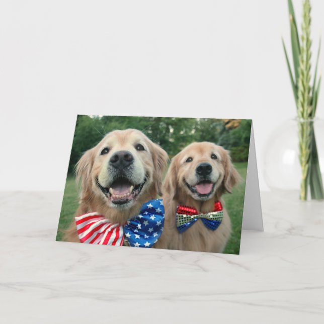 Golden Retrievers in Bow Ties Independence Day Card (Front)