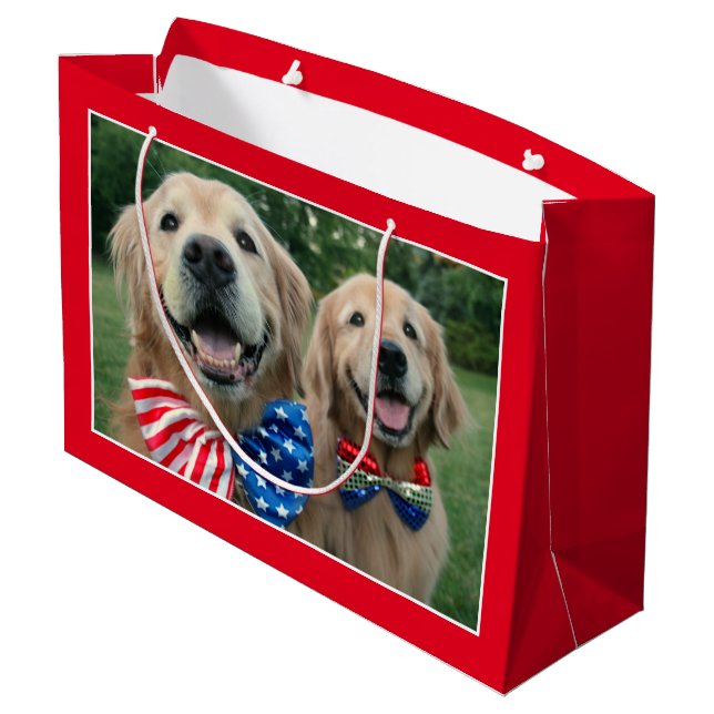 Golden Retrievers in Bow Ties Independence Day Large Gift Bag (Back Angled)