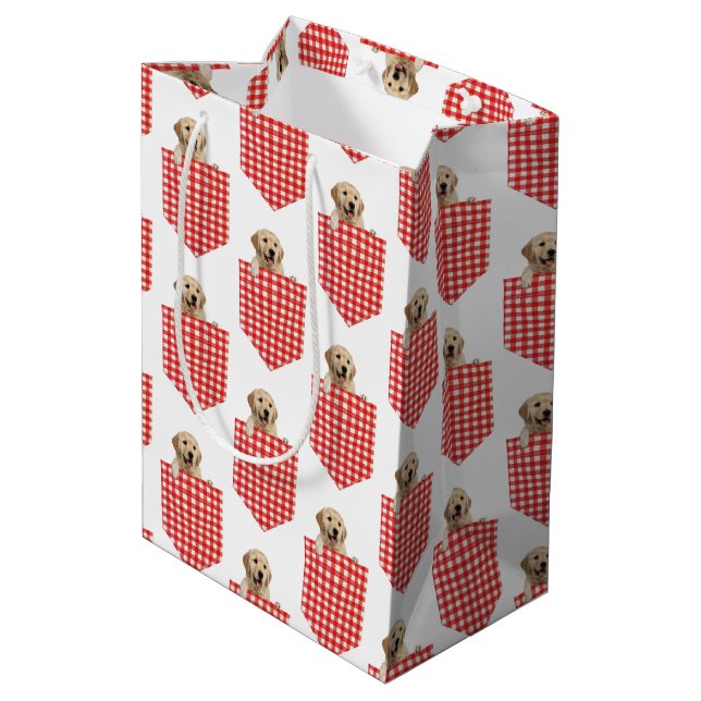 Golden Retrievers In Gingham Pocket  Medium Gift Bag (Back Angled)