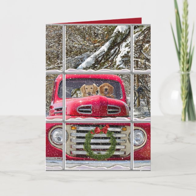 Golden Retrievers in retro truck snowy window Holiday Card (Front)