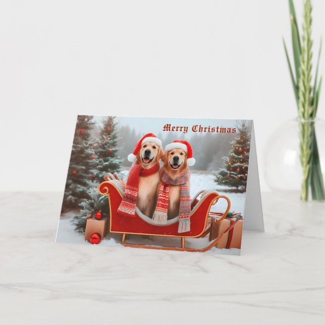 Golden Retrievers in Sleigh Christmas Card (Front)