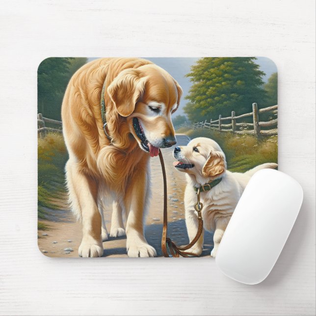 Golden Retrievers On A Leash Mouse Pad (With Mouse)