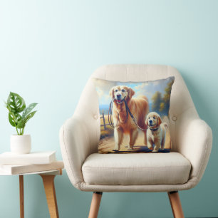 Golden Retrievers Out For A Walk Cushion