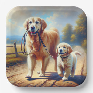 Golden Retrievers Out For A Walk Paper Plate