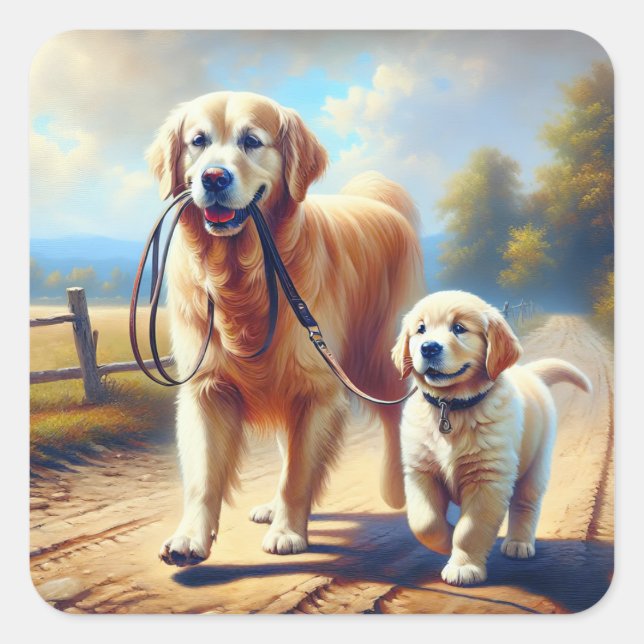 Golden Retrievers Out For A Walk Square Sticker (Front)