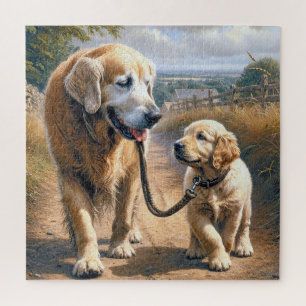 Golden Retrievers Walking on a Country Road Jigsaw Puzzle
