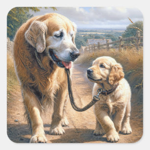 Golden Retrievers Walking on a Country Road Square Sticker