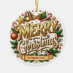 Golden Retro Merry Christmas Family Name Ceramic Ornament