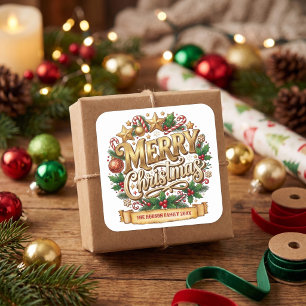 Golden Retro Merry Christmas Family Name Square Sticker