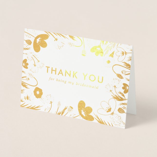 Golden Retro Poppies  Bridesmaid Thank You Foil Card (Front)
