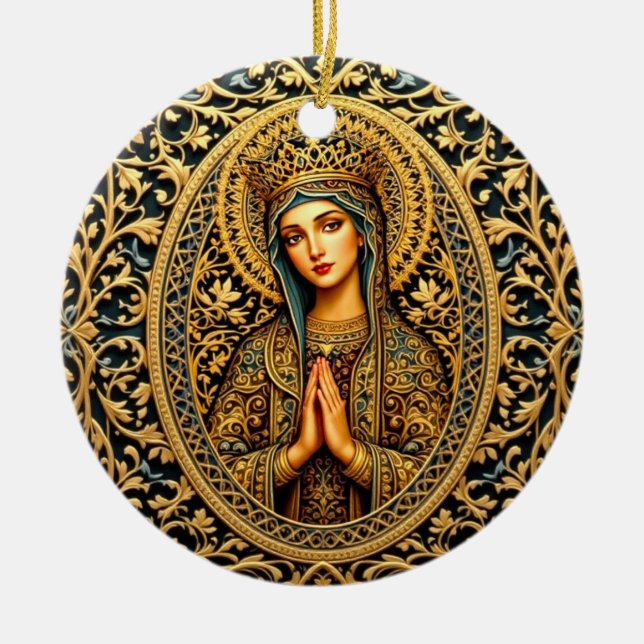 Golden Reverence Virgin Mary Ceramic Ornament (Front)