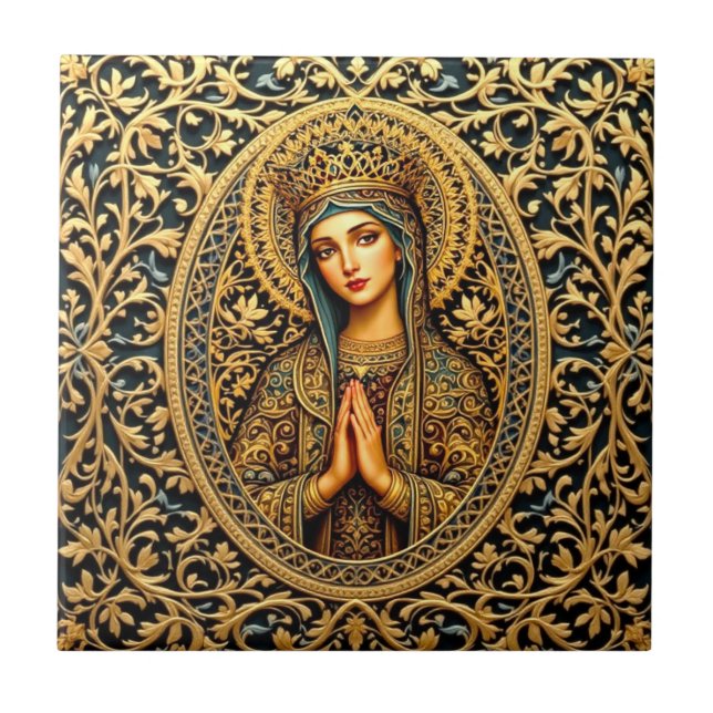 Golden Reverence Virgin Mary Ceramic Tile (Front)