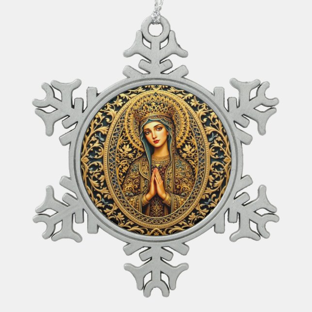Golden Reverence Virgin Mary Snowflake Pewter Christmas Ornament (Front)