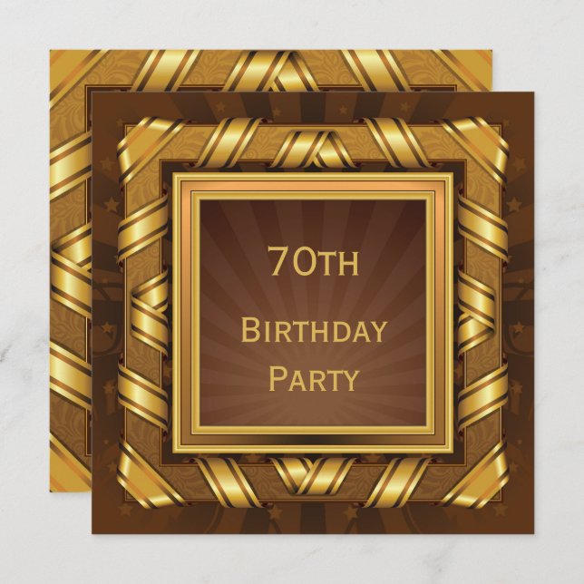 Golden Ribbon & Stars Framed Mans 70th Birthday Invitation (Front/Back)
