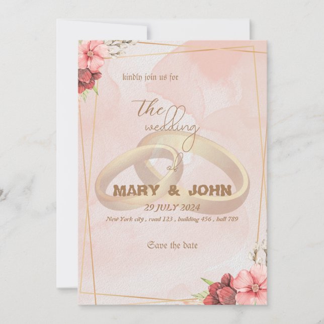 Golden Rings & Floral Elegance - Chic invitation  (Front)