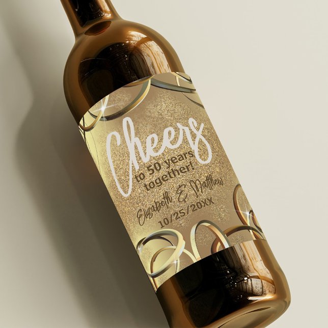 Golden Rings On Glitter 50th Wedding Anniversary Wine Label (Creator Uploaded)