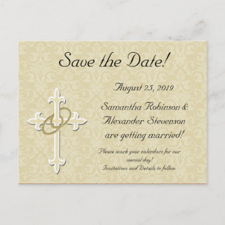 Golden Rings with Cross, Elegant Christian Love Announcement Postcard