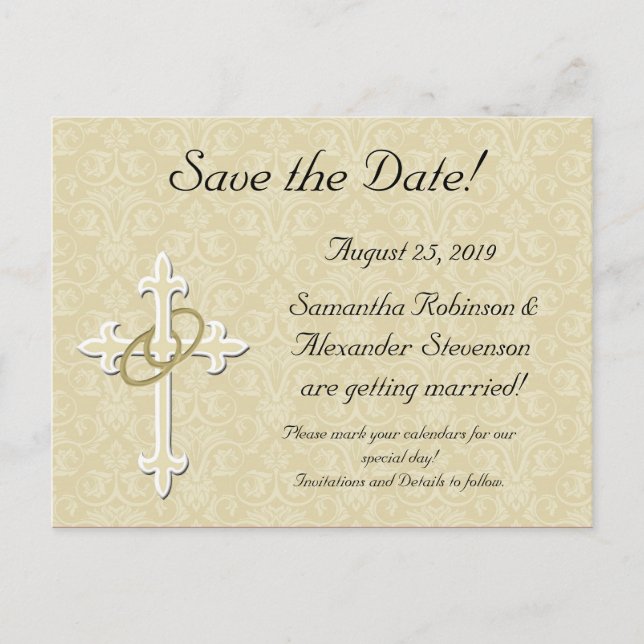 Golden Rings with Cross, Elegant Christian Love Announcement Postcard (Front)