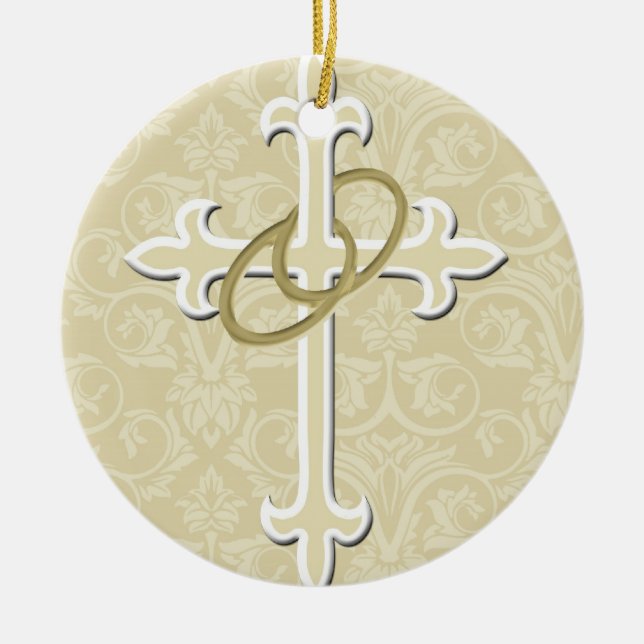 Golden Rings with Cross, Elegant Christian Love Ceramic Ornament (Front)