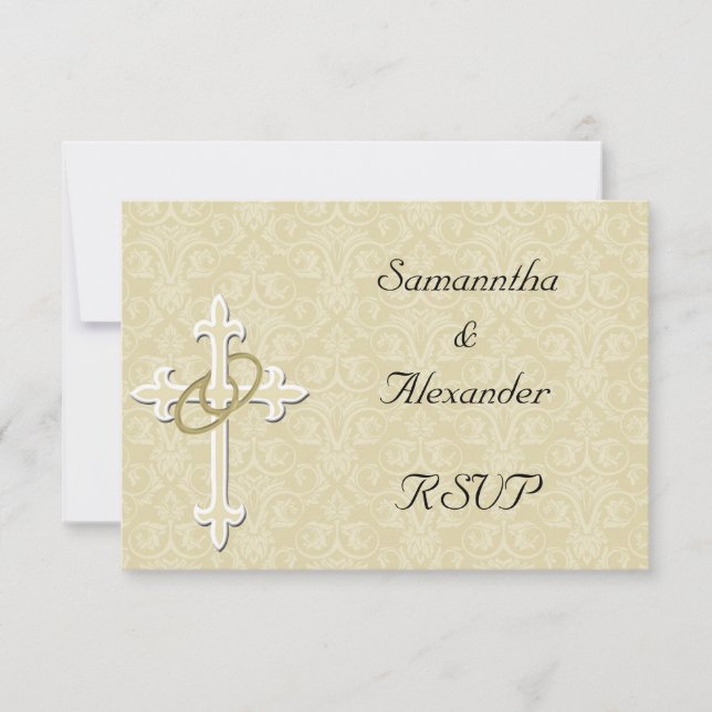 Golden Rings with Cross, Elegant Christian Love RSVP Card (Front)