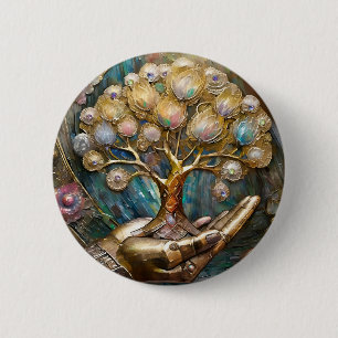 Golden Robot Hand Holding Gold Tree Of Life 6 Cm Round Badge