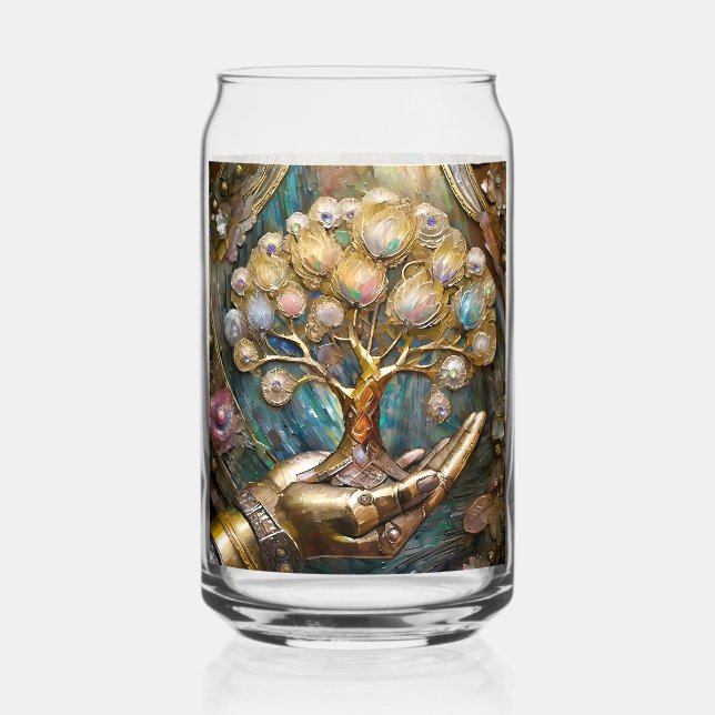 Golden Robot Hand Holding Gold Tree Of Life Can Glass (Front)