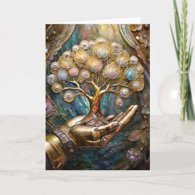 Golden Robot Hand Holding Gold Tree Of Life Card (Front)