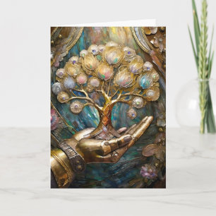 Golden Robot Hand Holding Gold Tree Of Life Card