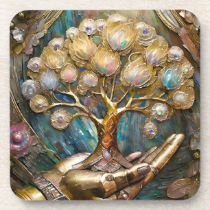 Golden Robot Hand Holding Gold Tree Of Life Coaster