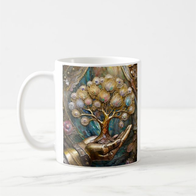 Golden Robot Hand Holding Gold Tree Of Life Coffee Mug (Left)