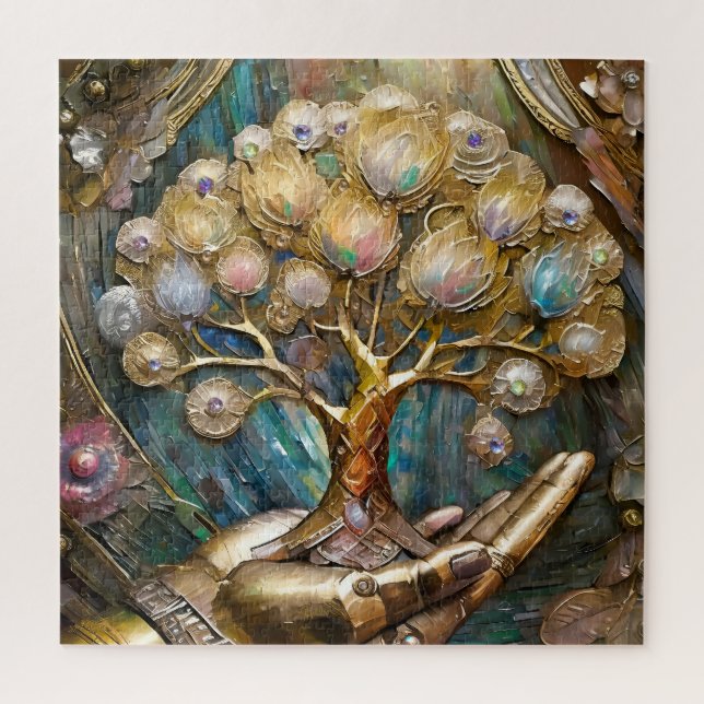 Golden Robot Hand Holding Gold Tree Of Life Jigsaw Puzzle (Vertical)