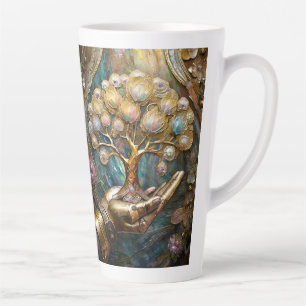 Golden Robot Hand Holding Gold Tree Of Life Latte Mug