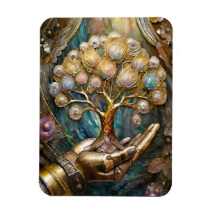 Golden Robot Hand Holding Gold Tree Of Life Magnet