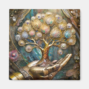 Golden Robot Hand Holding Gold Tree Of Life Magnet