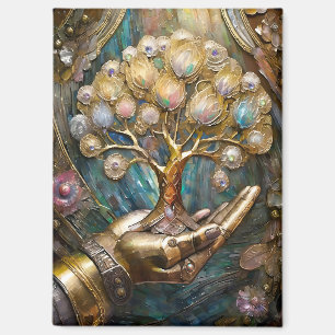 Golden Robot Hand Holding Gold Tree Of Life Magnet