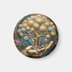 Golden Robot Hand Holding Gold Tree Of Life Magnet