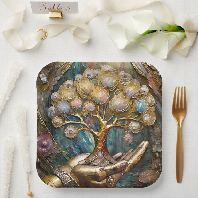 Golden Robot Hand Holding Gold Tree Of Life Paper Plate (Wedding)