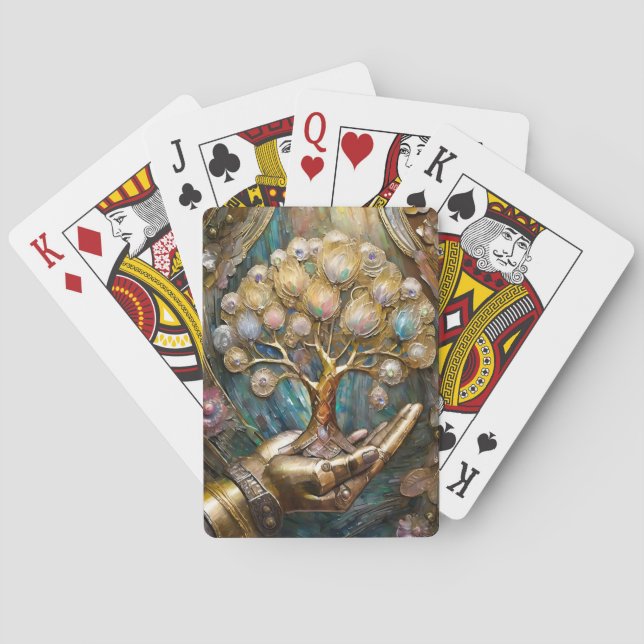 Golden Robot Hand Holding Gold Tree Of Life Playing Cards (Back)