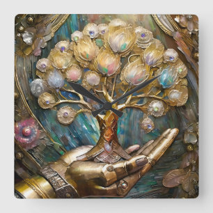 Golden Robot Hand Holding Gold Tree Of Life Square Wall Clock