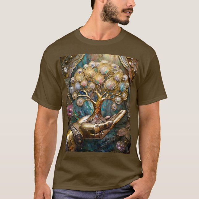 Golden Robot Hand Holding Gold Tree Of Life T-Shirt (Front)