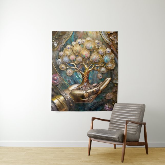 Golden Robot Hand Holding Gold Tree Of Life Tapestry (In Situ)