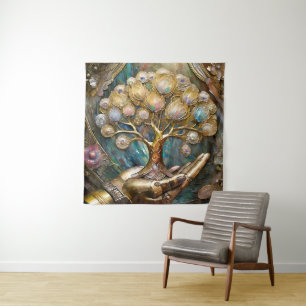 Golden Robot Hand Holding Gold Tree Of Life Tapestry