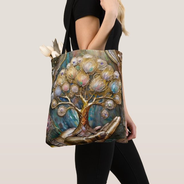 Golden Robot Hand Holding Gold Tree Of Life Tote Bag (Close Up)