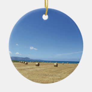 Golden Rolls of Hay and Deep Blue Sea Design Ceramic Ornament