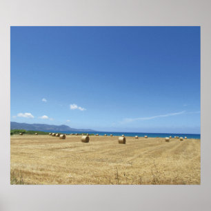 Golden Rolls of Hay and Deep Blue Sea Design Poster