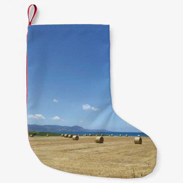 Golden Rolls of Hay and Deep Blue Sea Design Small Christmas Stocking (Front)